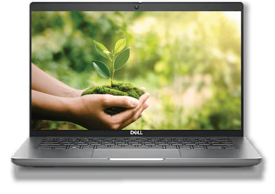 Dell laptop with an image of hands holding a plant on the screen